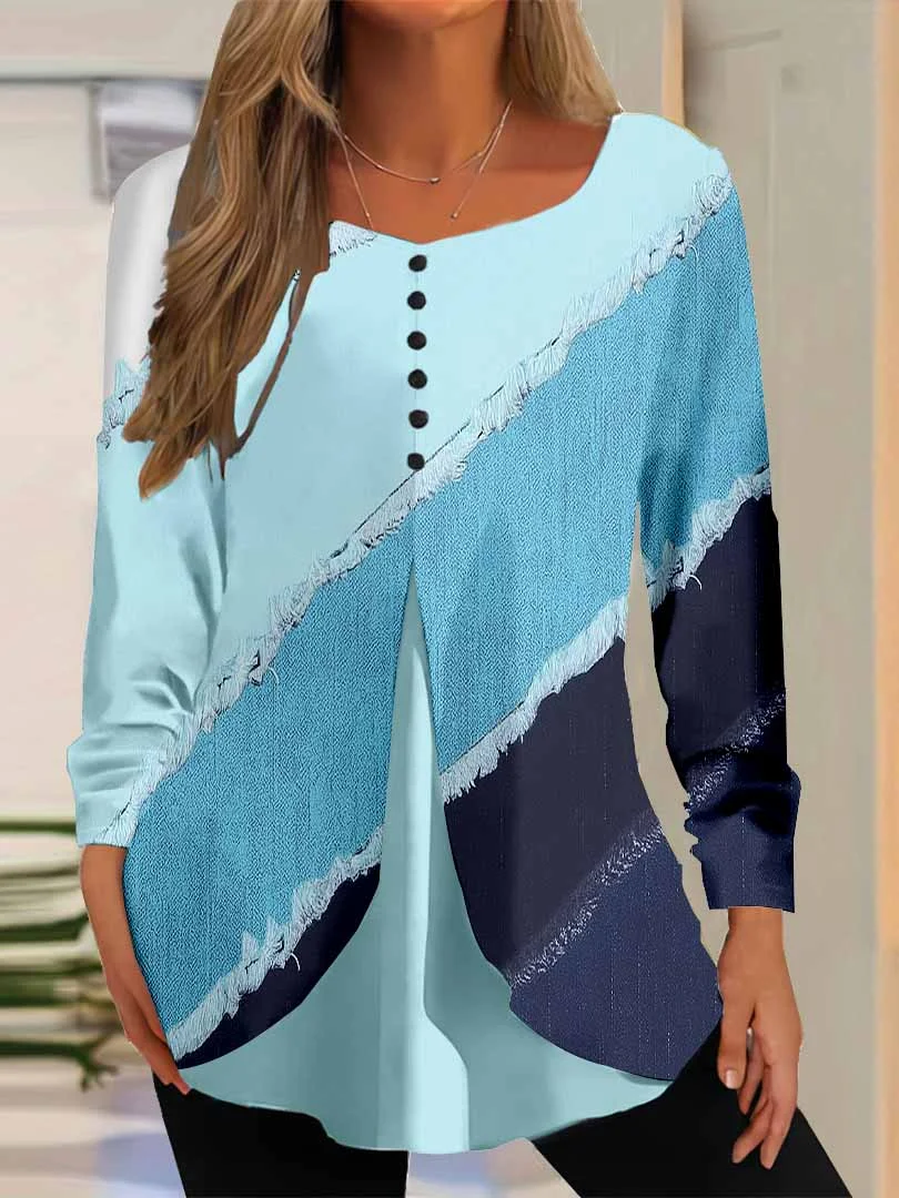 Women Striped,Colorblock,Blue DZGG8021 Long Sleeve Scoop Neck Printed Graphic Button Fake 2in1 Tops