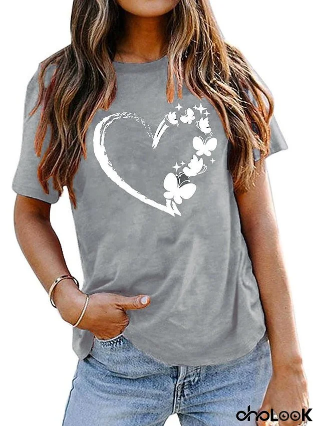 Women's T shirt Tee pea green Black White Butterfly Heart Basic Print Short Sleeve Home Daily Basic Round Neck Regular Cotton S