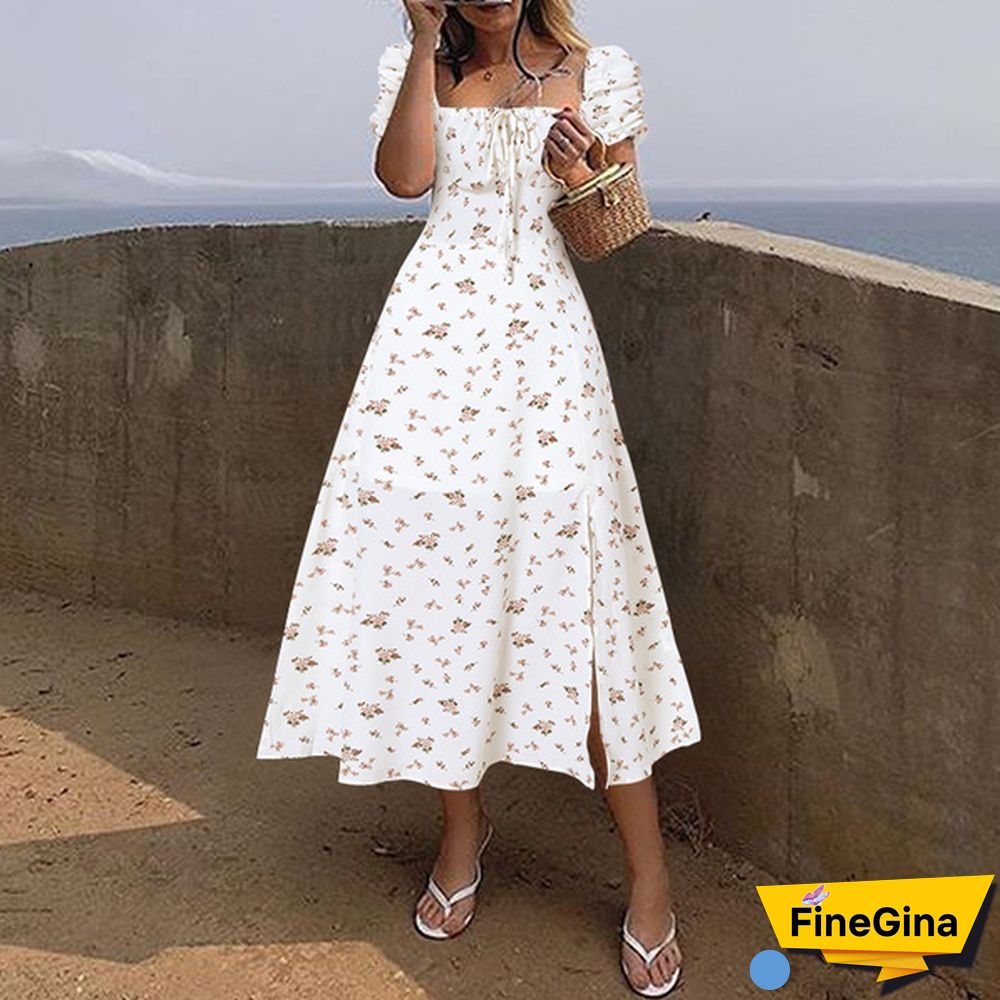Women Summer Puff Short Sleeves Maxi Dress Floral Print Bohemian Square Collar Party Casual Long Dresses Plus Size
