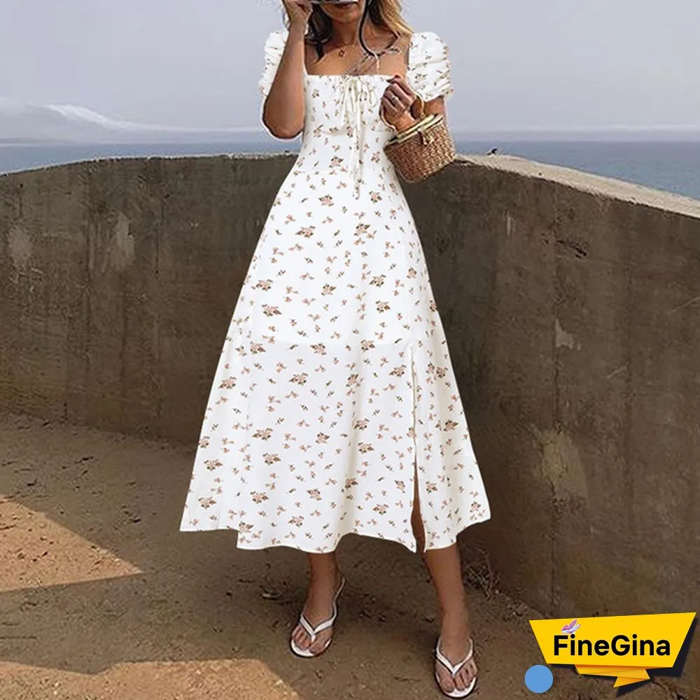 Women Summer Puff Short Sleeves Maxi Dress Floral Print Bohemian Square Collar Party Casual Long Dresses Plus Size
