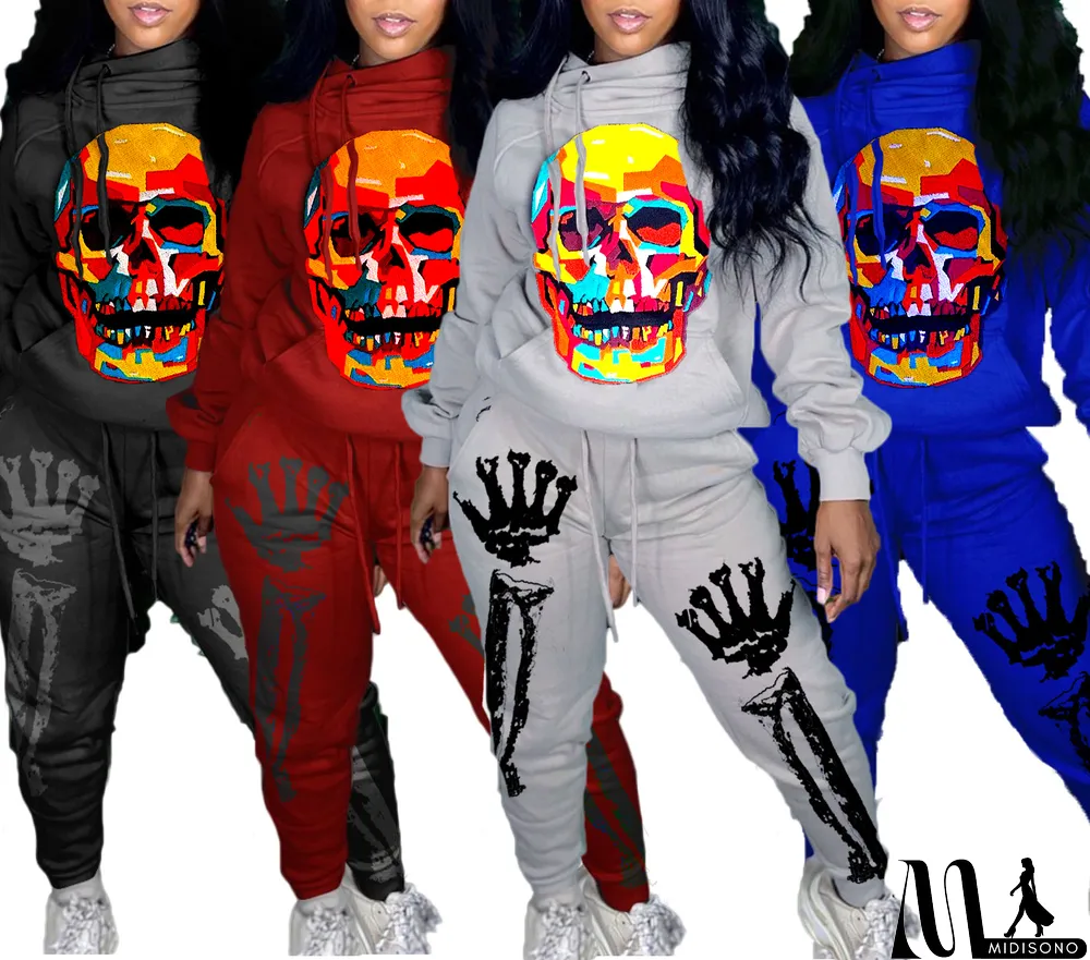 MidiSono - New Autumn Skull Halloween Thick Print Hat Long Suit