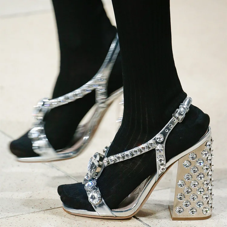 Silver Rhinestone Chunky Heel Open Toe Slingback Sandals |FSJ Shoes