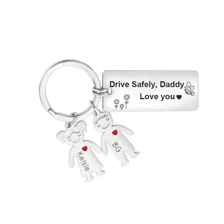 Personalized Kid Charm Keychain Engraved 2 Names Drive Safely Family Keychain