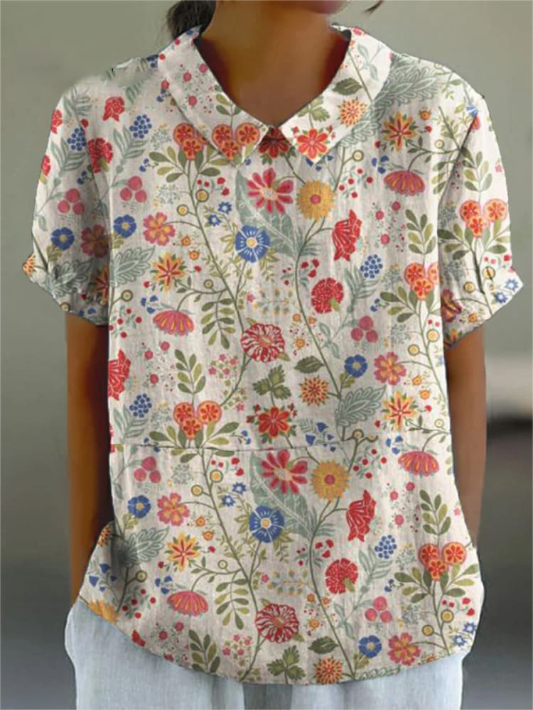 Comstylish Women's Pastoral Floral Art Print Casual Cotton Linen Shirt
