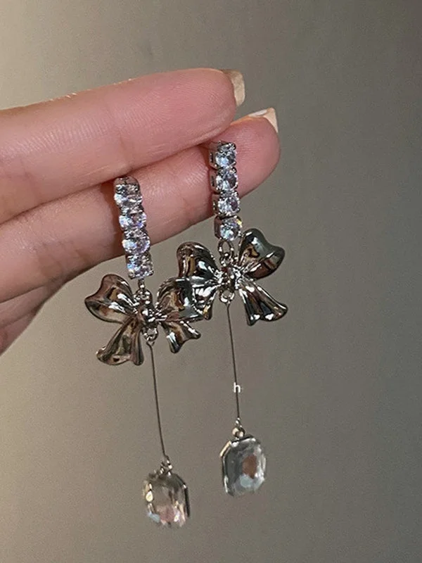 Brownm zircon pendant earrings with bow