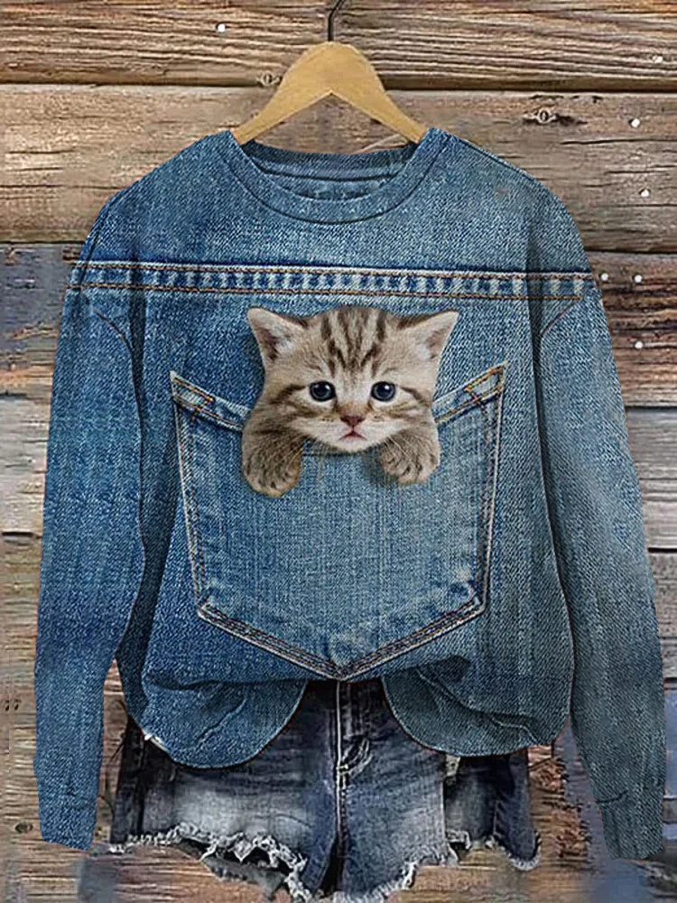 Cute Cat In Pocket Casual Cozy Sweatshirt