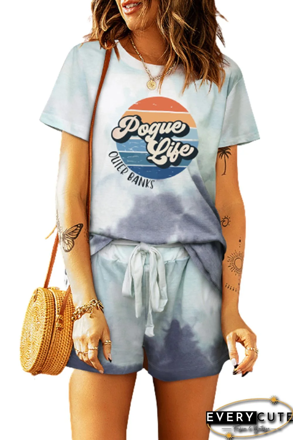 Sky Blue Pogue Life Color Block Short Sleeve Tee and Shorts Loungewear