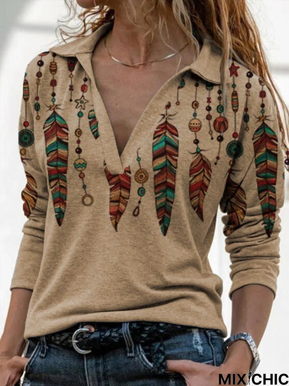 Women's Retro Western Feather Print Casual Lapel Long Sleeve Top