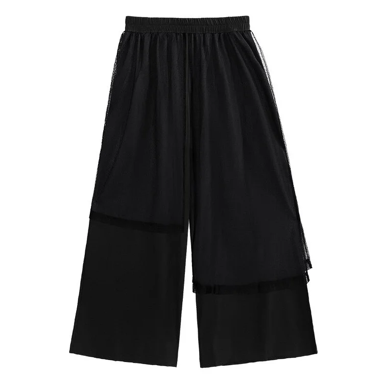 Casual Loose Asymmetric Mesh Yarn Patchwork Pocket Wide Leg Ankle Length Pants