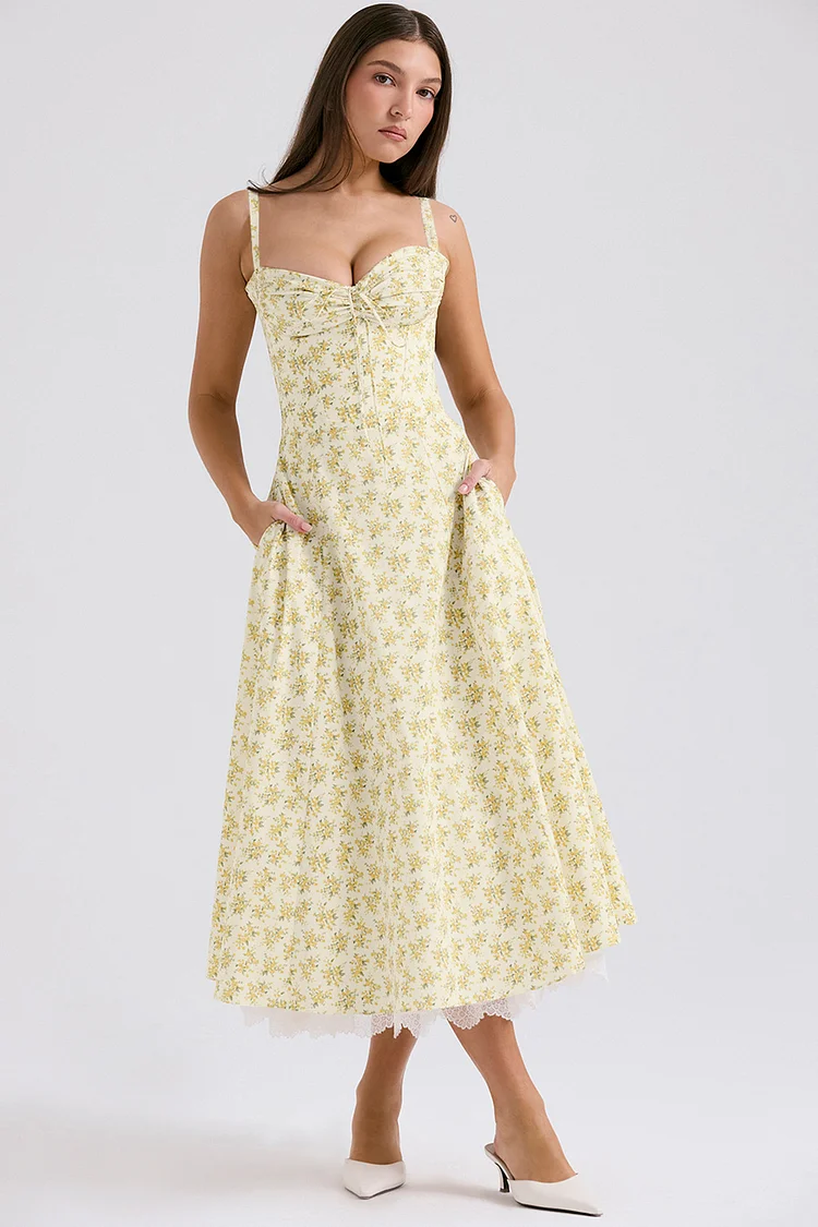 Semi Formal Pink Floral Print Ruched Lace Hem Midi Dress