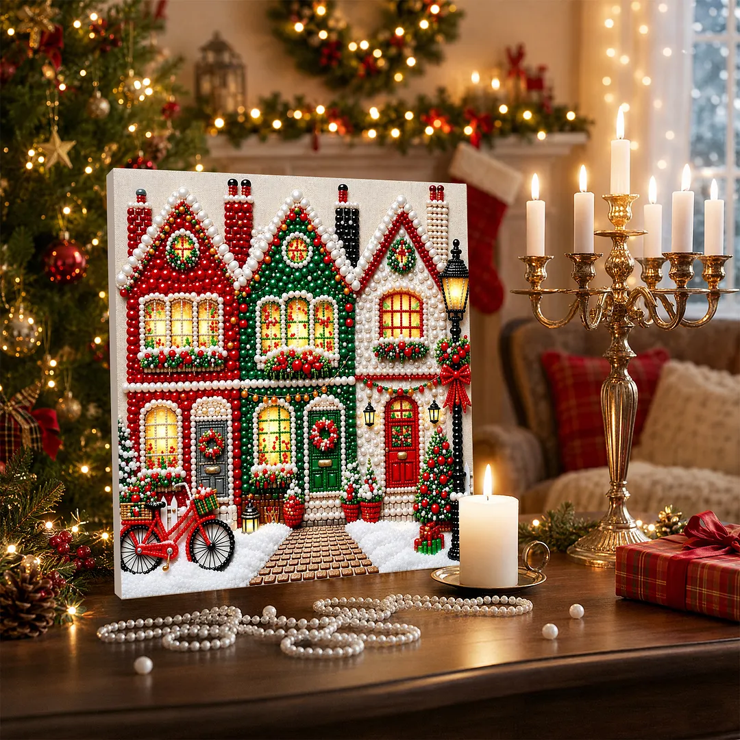 Framed Pearl Dot Painting Kit Holiday Houses 7.87x7.87in
