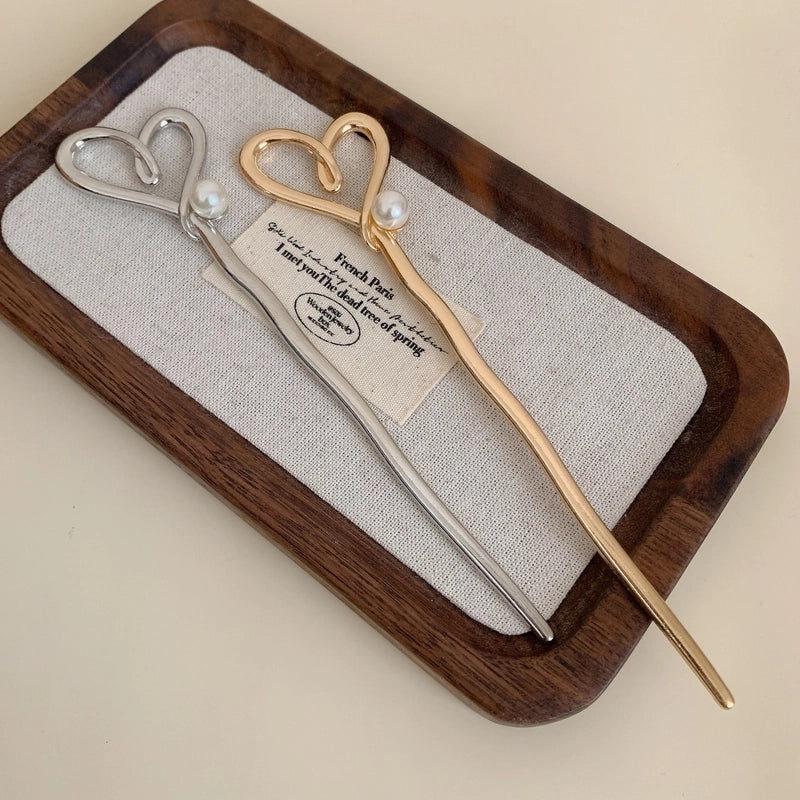 Women’s Sweet Heart Shape Alloy Inlay Pearl Hair Sticks