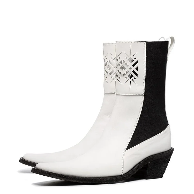 White and Black Hollow Out Block Heel Ankle Western Booties |FSJ Shoes