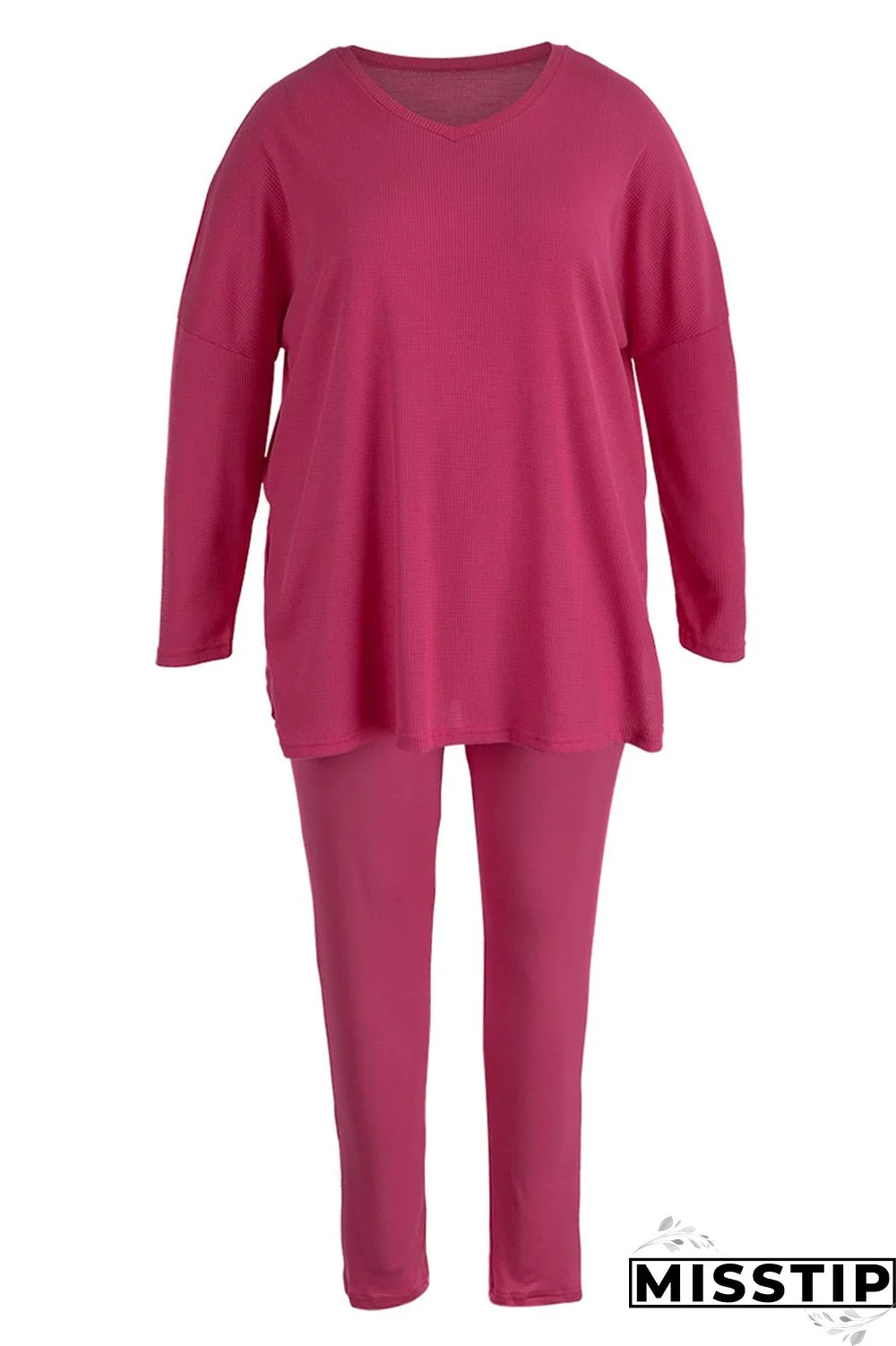 Rose Red Casual Solid Patchwork Slit V Neck Plus Size Two Pieces