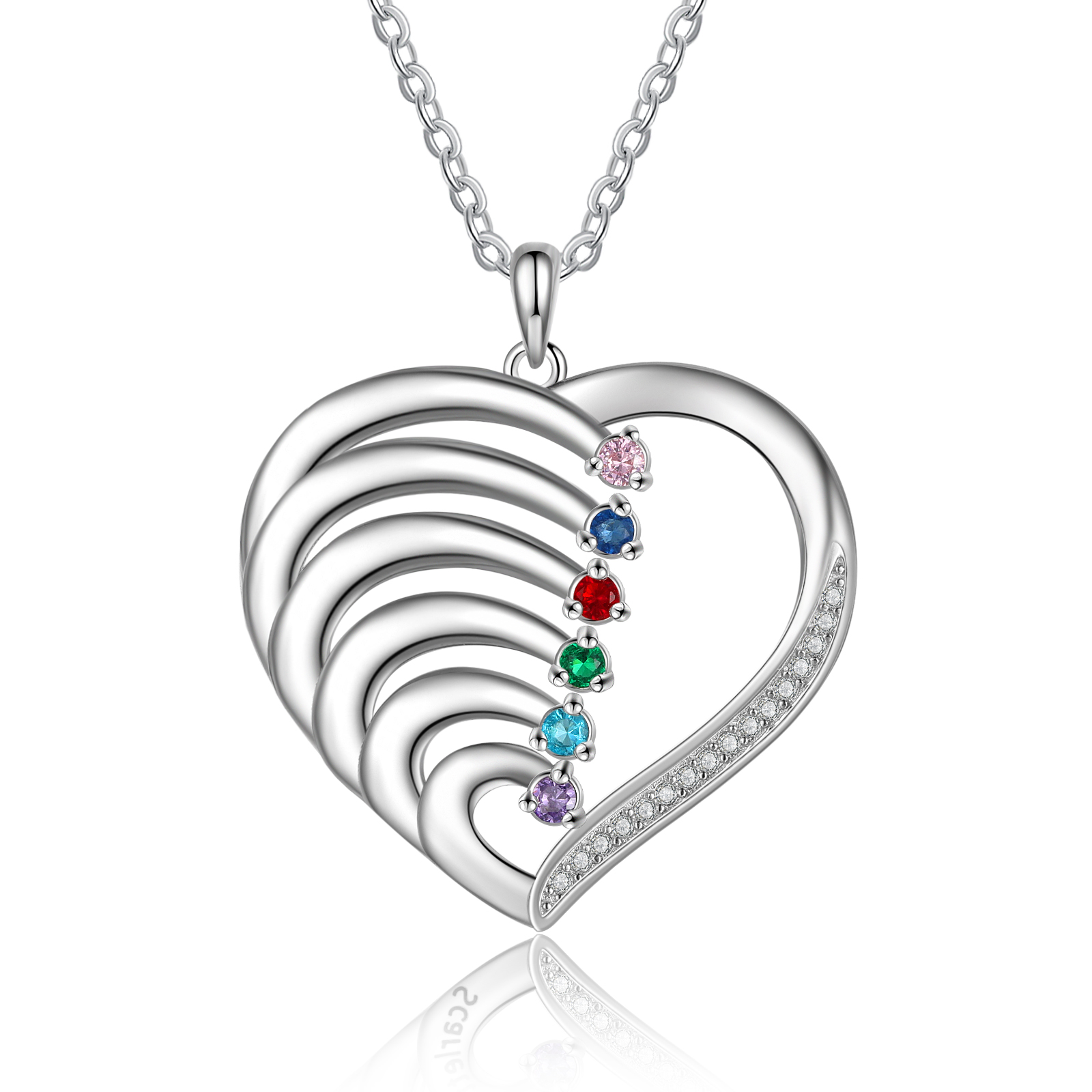 Argento S925 Collana con 6 nomi personalizzati e 6 pietre di nascita in ciondolo a cuore con scatola rosa