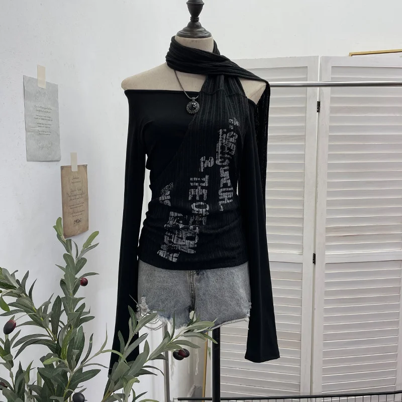 Nigikala Nigikala Hottie Side Hanging Neck Scarf Print Knitted Top Design Embody T-Shirt 2786