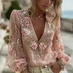 Women's Vintage Pink Floral Embroidered Art V-neck Long Sleeve Linen Blend Blouse - Image 2