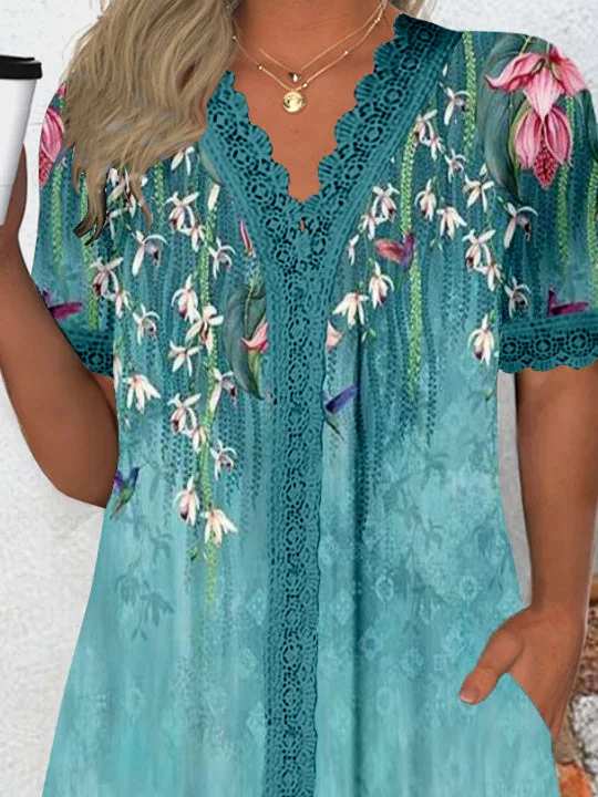 Women's Short Sleeve V-neck Graphic Lace Pockets Tops