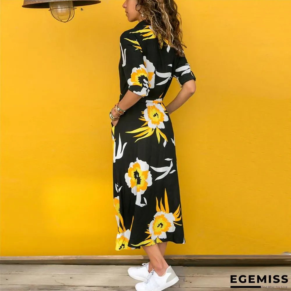 Autumn Printed Long Sleeve Lace Up Women's Dress Black Dresses | EGEMISS