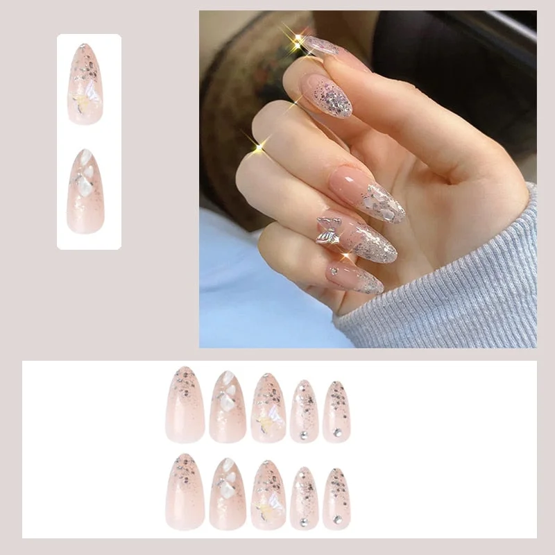 24PCS Nails free shipping Shiny Butterfly Nail Patch whit jelly glue Removable Paragraph Fashion Manicure press on  False Nails-Nail Inspo