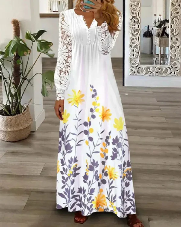 Elegant Lace Floral Print Maxi Dress