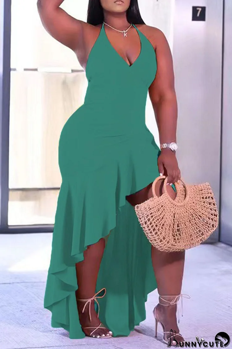 Fluorescent Green Sexy Solid Patchwork Flounce Asymmetrical Spaghetti Strap Dresses