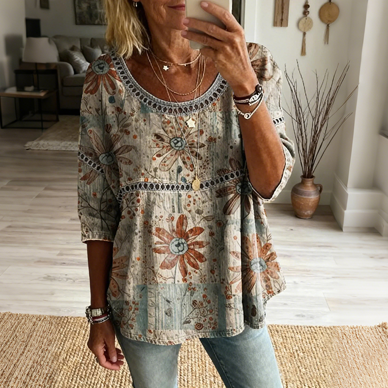 Comstylish Women's Bohemian Vintage Floral Art Print Flowy Linen Blend Casual Tops