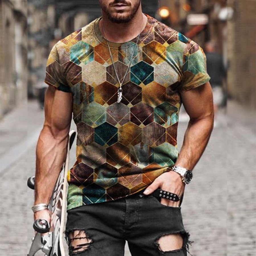 Colorful block print fashion casual T-shirt / [viawink] /