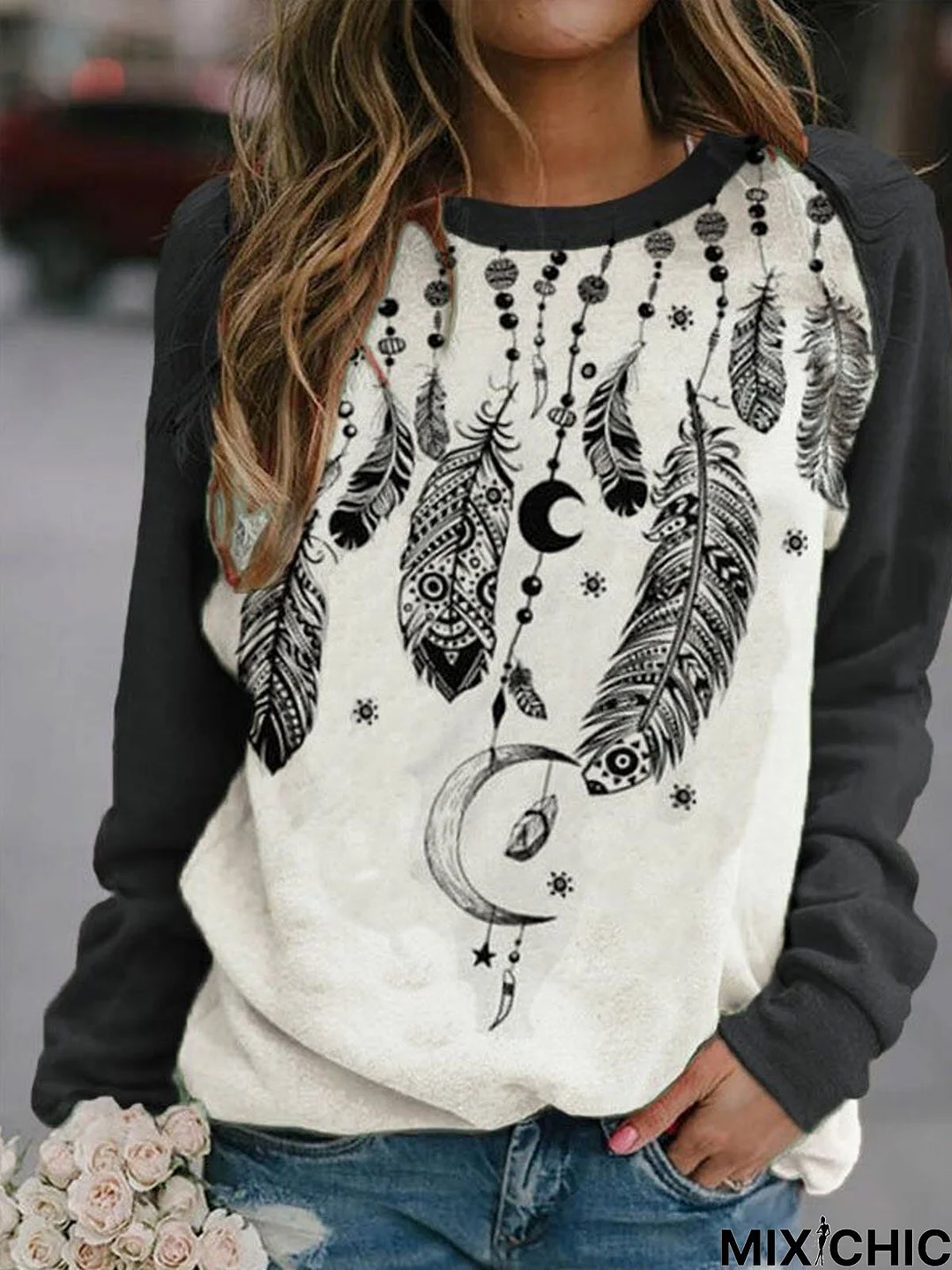 Round Neck Casual Printed Cotton-Blend Tunic Sweatshirt