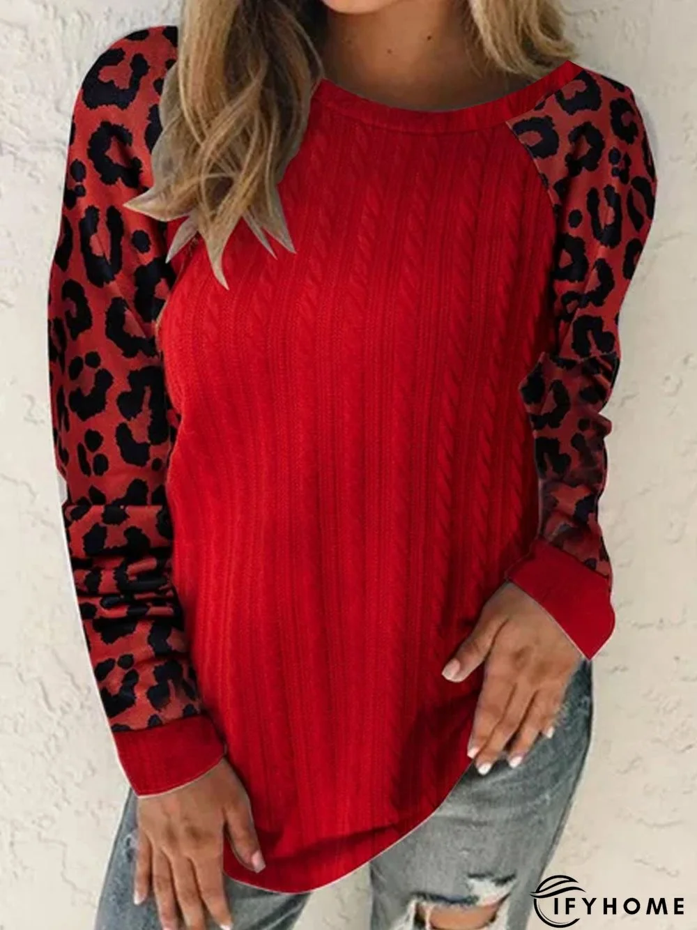 Long sleeve crew neck plain twist fabric stitched leopard top T-shirt | IFYHOME