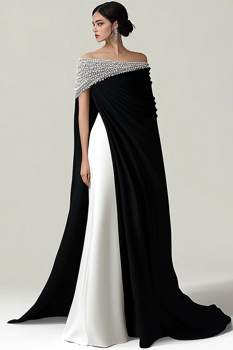 Sequin Off Shoulder Cape Sleeve Contrast Color Maxi Dress-Black White [Custom-Made]