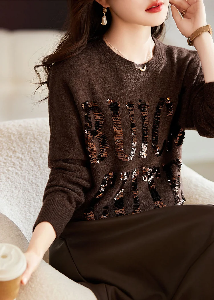 Natural Chocolate O-Neck Sequins Cozy Cotton Knit Sweaters Long Sleeve