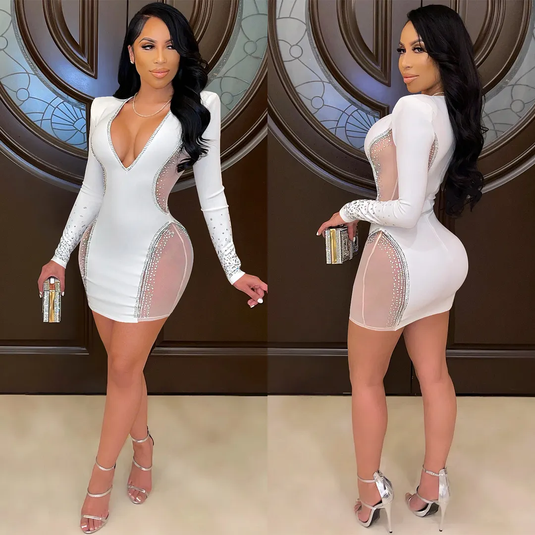 Churchf Churchf Fashion New Wish Sexy Deep V Nightclub Evening Dress Hot Drill Perspective Middle Skirt