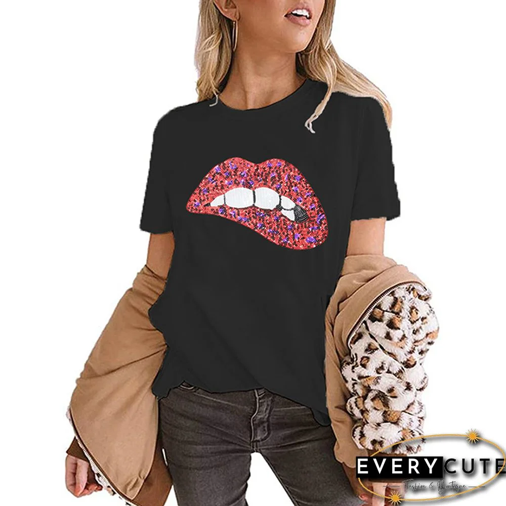 Black Sequin Lip Print Short Sleeve Tees