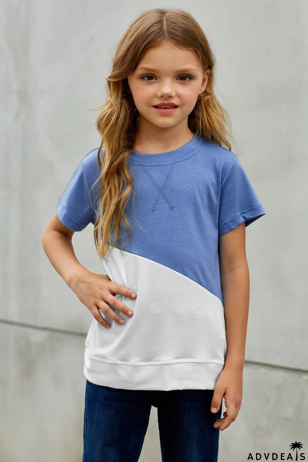 Sky Blue Colorblock Splicing Little Girl Tee