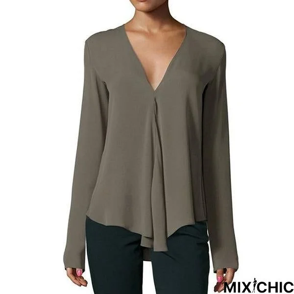 Vintage Women Chiffon Blouse Shirt V-Neck Long Sleeve Casual Plus Size Blouse