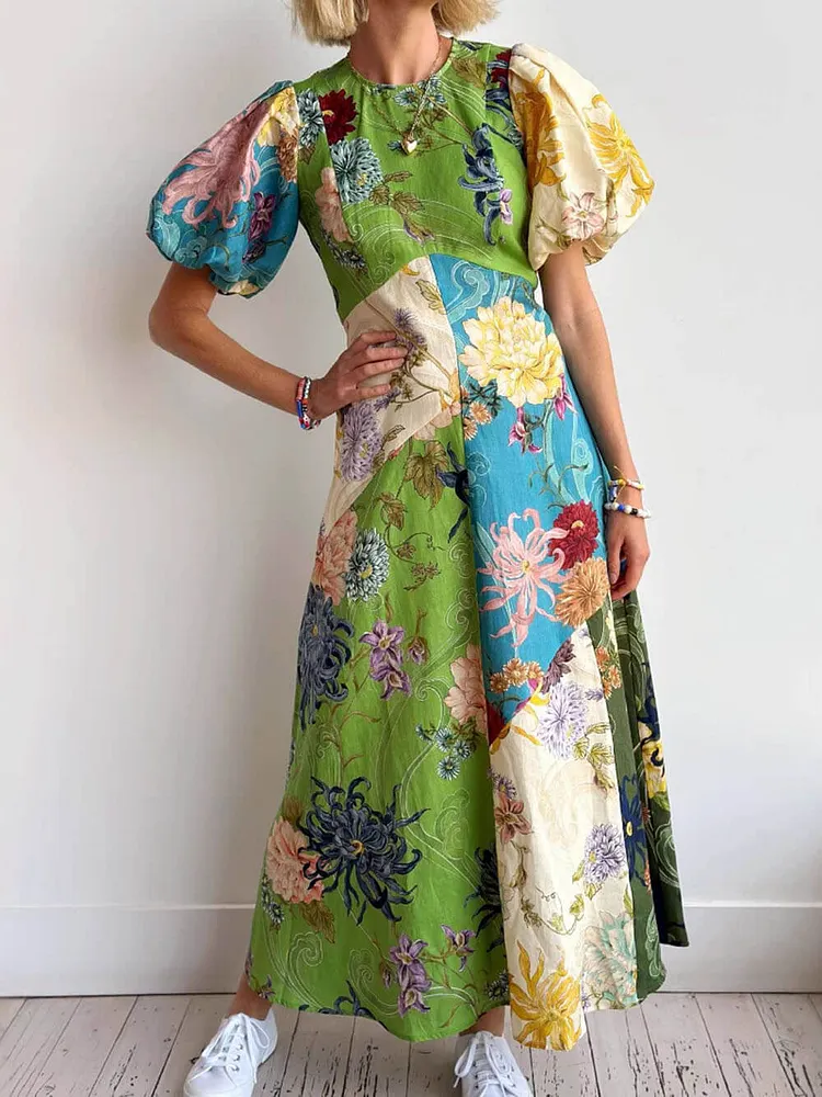 Casual Personalized Graffiti Print Lantern Sleeve Round Neck Linen Maxi Dress