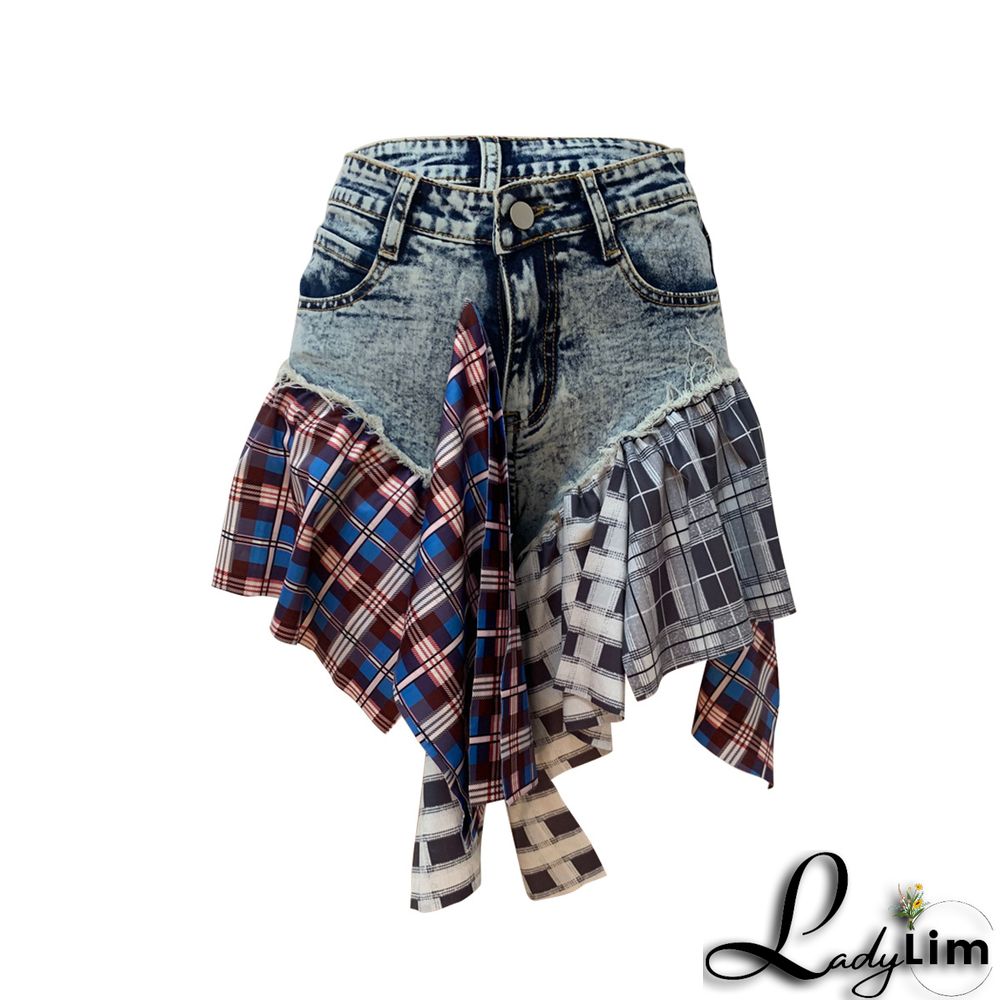 Summer Trend Ladies Denim Houndstooth Patchwork Denim Ruffle Short