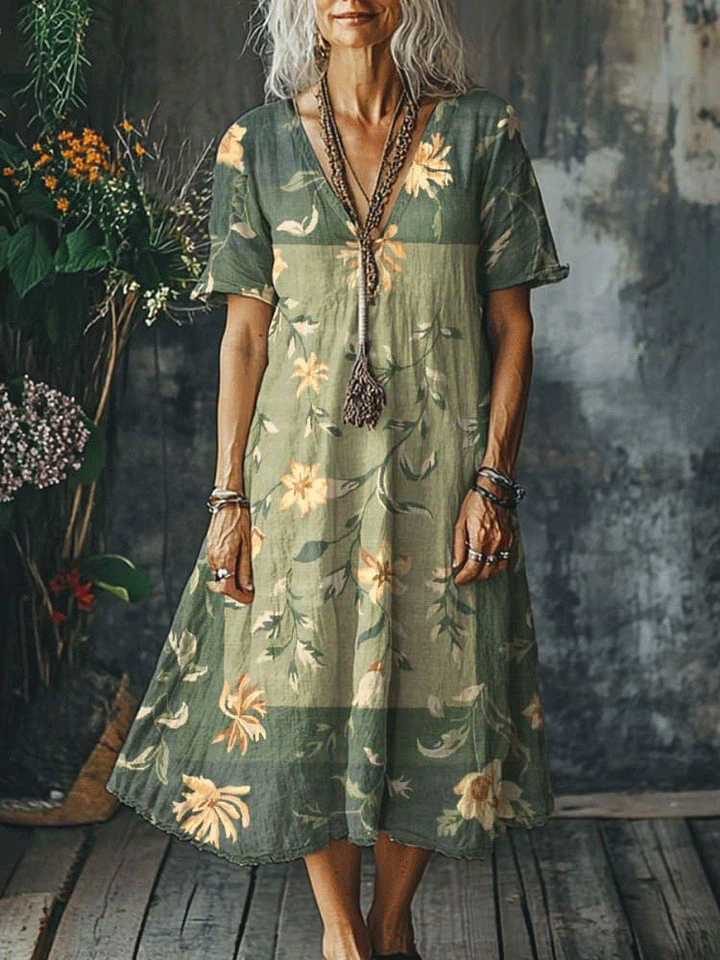 Women's Vintage Flower Art Print Pocket Cotton Dress