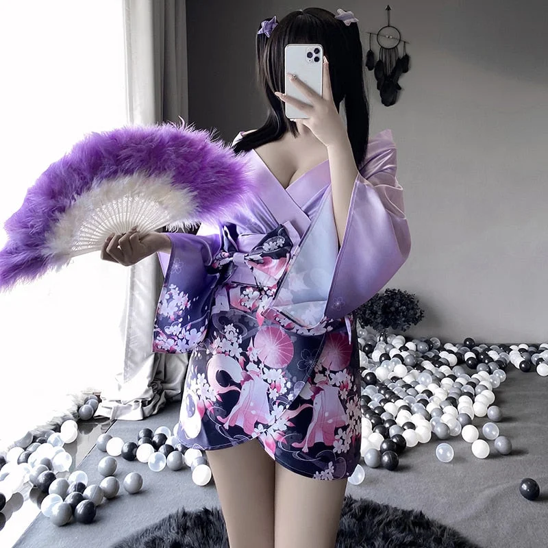 3Pcs Japanese Kimono Women Sexy Cosplay Uniform Soft Silk Bow Belt Purple Pink Traditional Style Costumes Pajamas Perspective