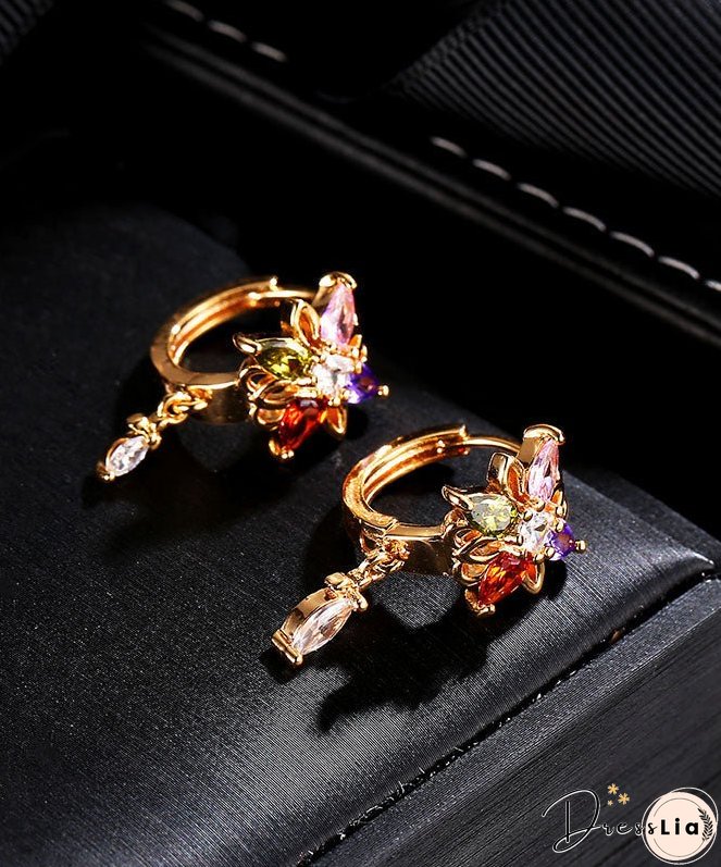 Regular Gold Alloy Crystal Zircon Floral Tassel Drop Earrings