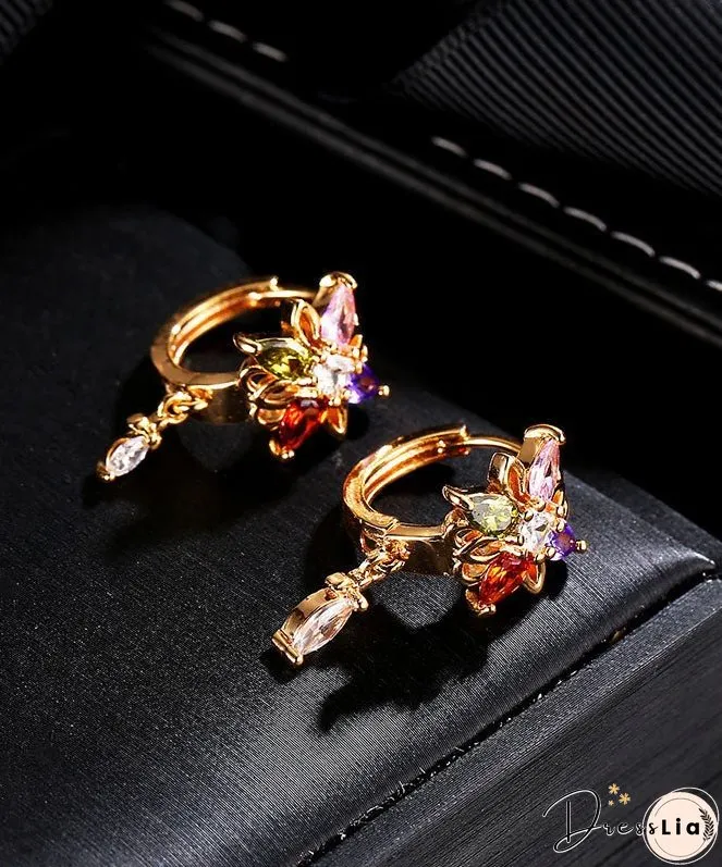 Regular Gold Alloy Crystal Zircon Floral Tassel Drop Earrings
