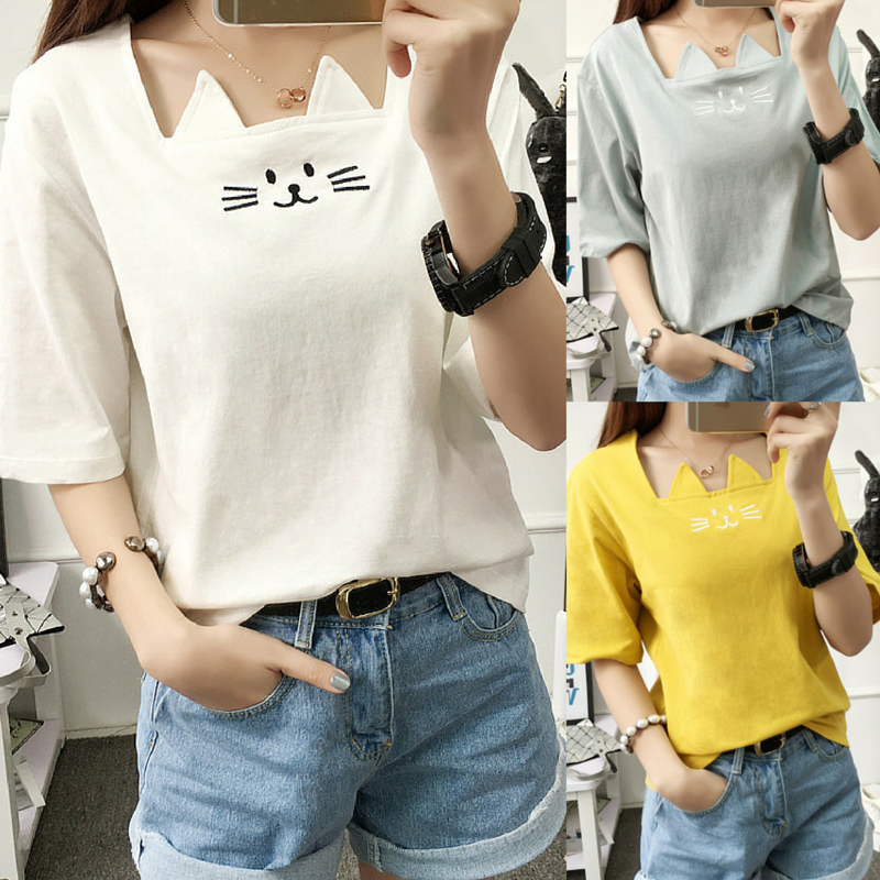 S-XL White/Yellow/Gray Lovely Kitty Cat Pattern T-Shirt SP166706