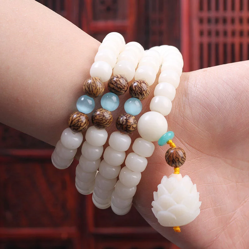 White Bodhi Seed Mala 108 Beads Luck Bracelet Necklace