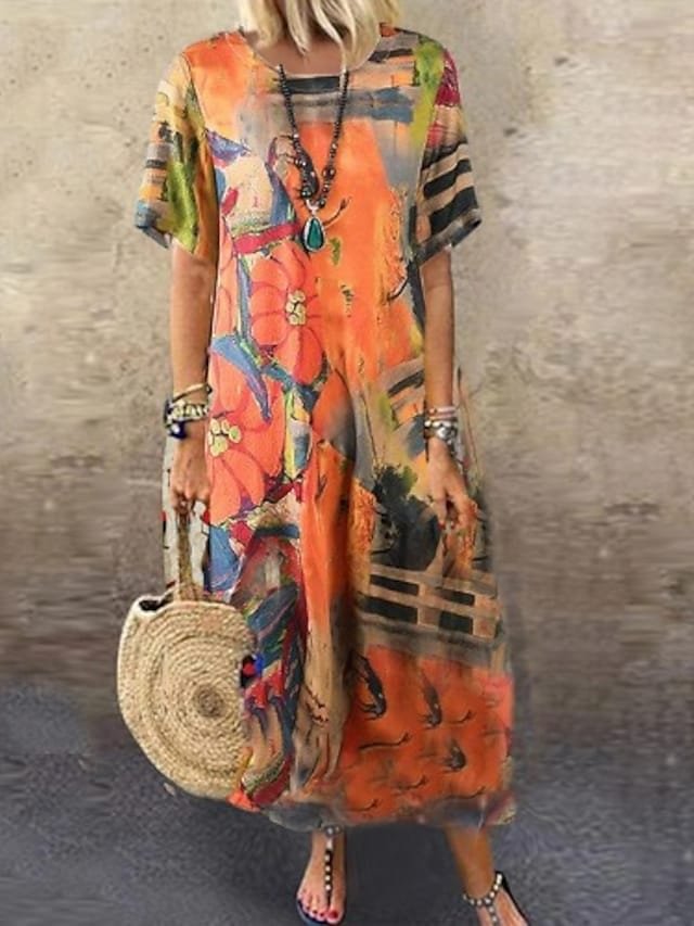 summer new style european and american cross-border amazon fashion loose round neck print short sleeve dress long skirt women | EGEMISS
