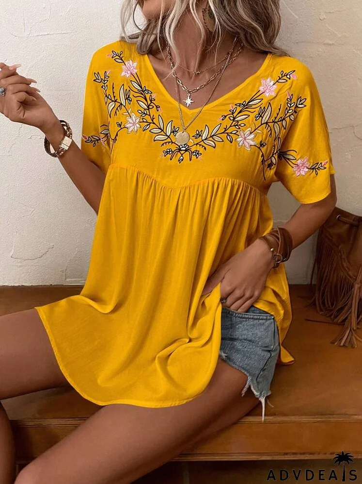 Floral Embroidery Smock Blouse
