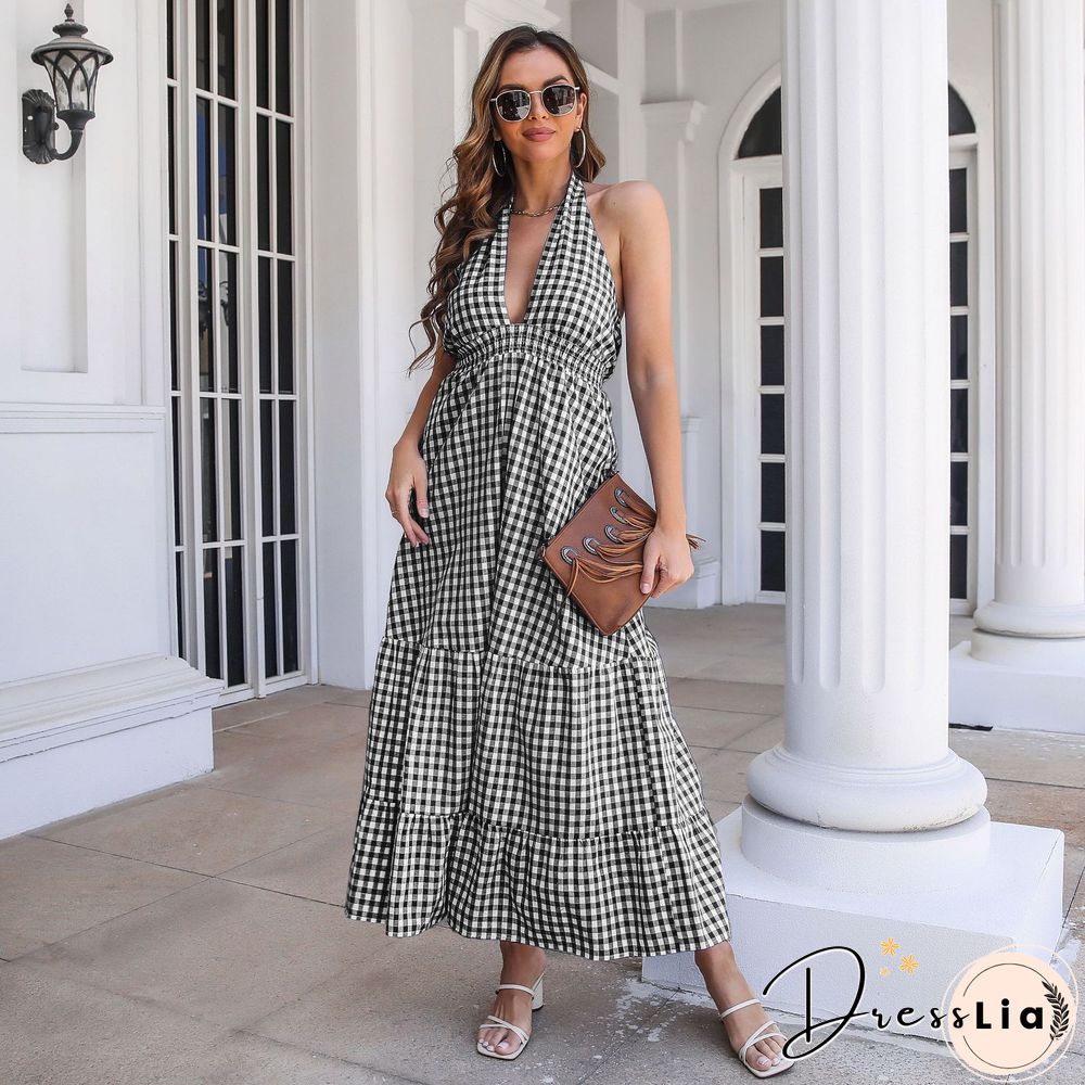 Sexy Dress For Women Summer New Casual Bohemian Holiday Ruffle Hem Plaid Long Backless