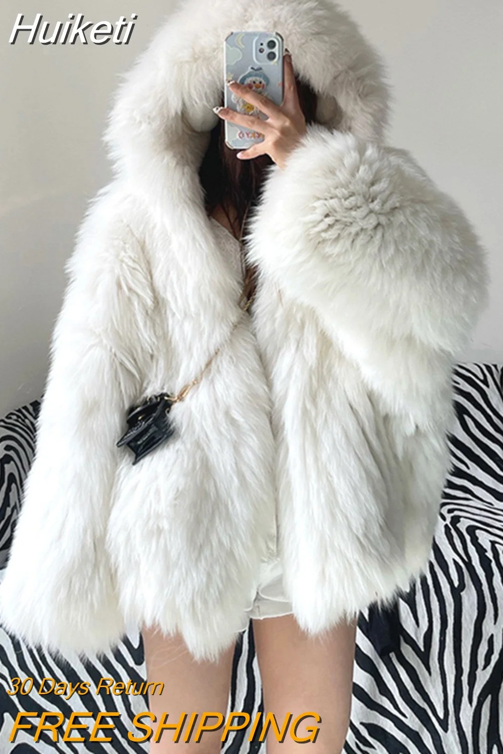 Huiketi Winter Shaggy Hairy Thick Warm Soft Colored Faux Fur Jacket Women with Hood Bat Sleeved Loose Casual Designer Clothes