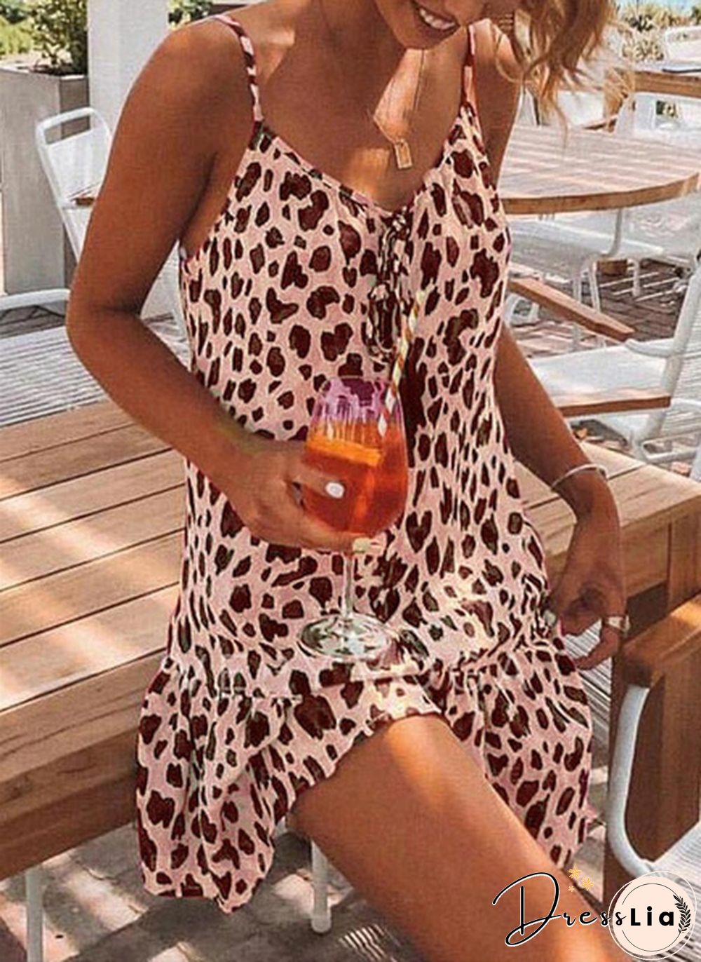 Women Fashion V-neck Leopard Print Sleeveless Dress Summer Casual Mini Tank Dress