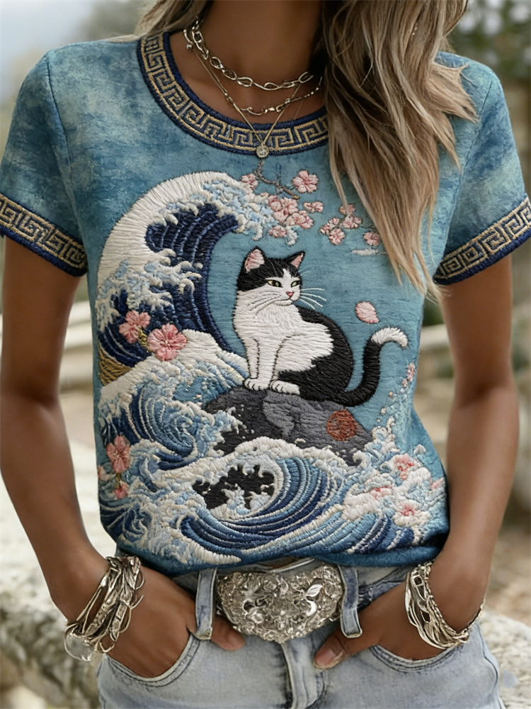 Comstylish Japanese Cat Sea Waves & Cherry Blossom T Shirt